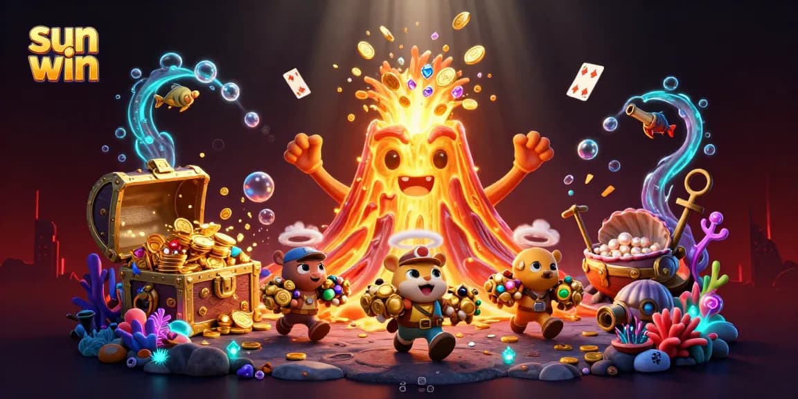 Join the action with sun win as treasures erupt from a golden volcano in this vibrant casino scene.