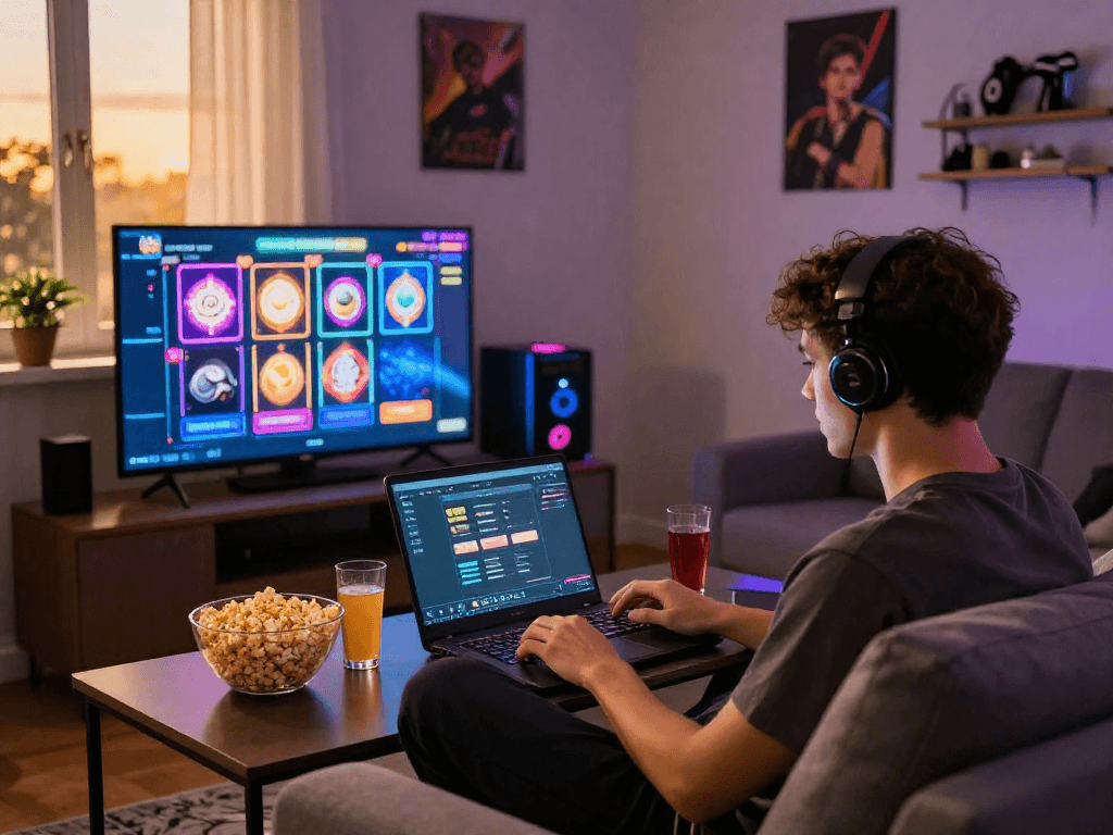 Engaged player logging into rokok88 slot platform in vibrant gaming room.