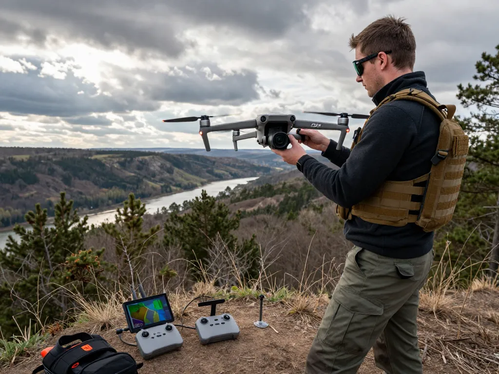 Professional using the dji mavic 3t drone for thermal imaging in a wooded area