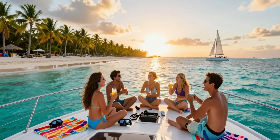 Yacht rental punta cana experience with friends enjoying drinks on a luxury yacht during sunset.