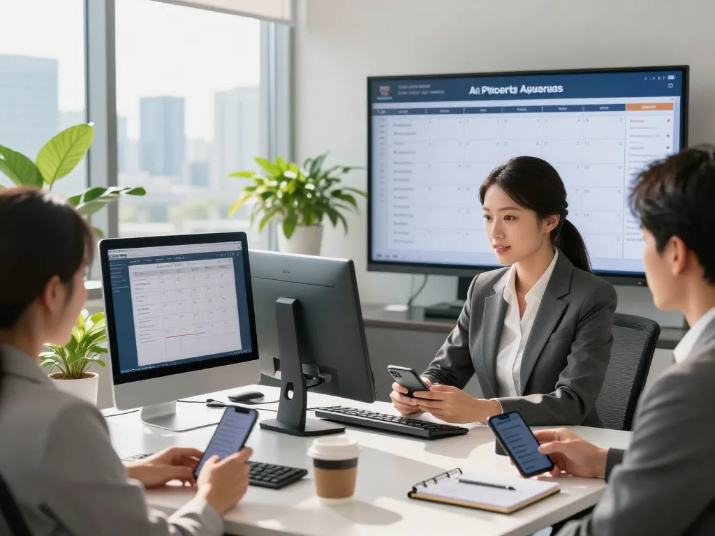 AI receptionist for property management supporting a professional in a bright office environment.