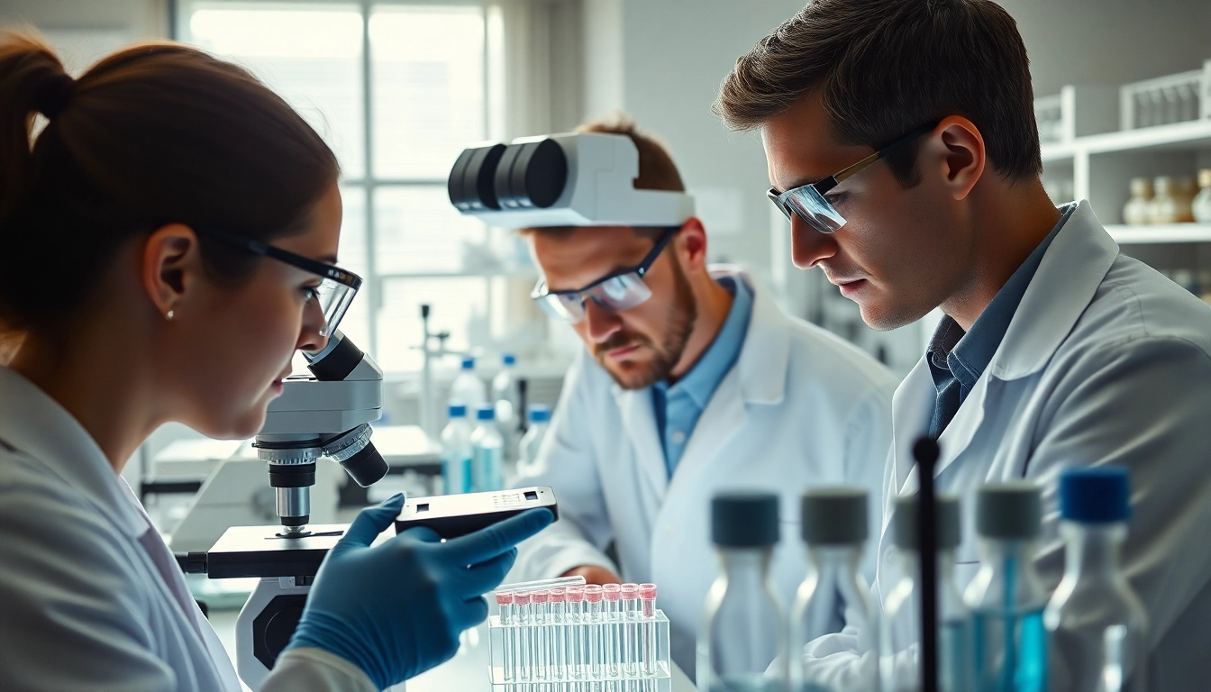 Researchers at https://hydroresearchpeptides.com/ analyzing peptide samples in a modern lab.