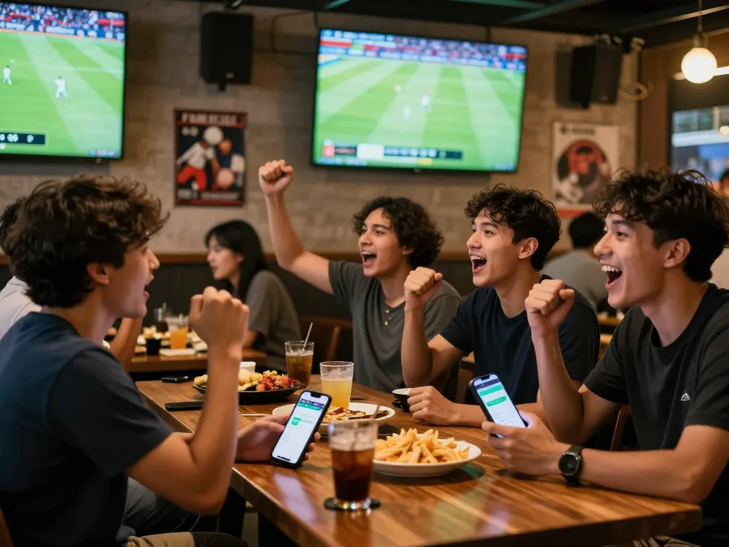 Friends enjoying a lively sports match with Judi Bola betting apps on their phones.