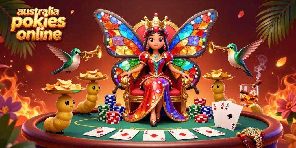 Experience the magic of australia pokies online in this vibrant 3D casino scene filled with colorful characters and rich gaming elements.