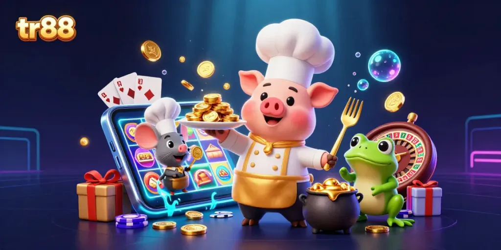 tr88 showcases a vibrant 3D gaming scene with a chef pig, sous-chef mouse, and critic frog serving golden coins amidst casino elements.