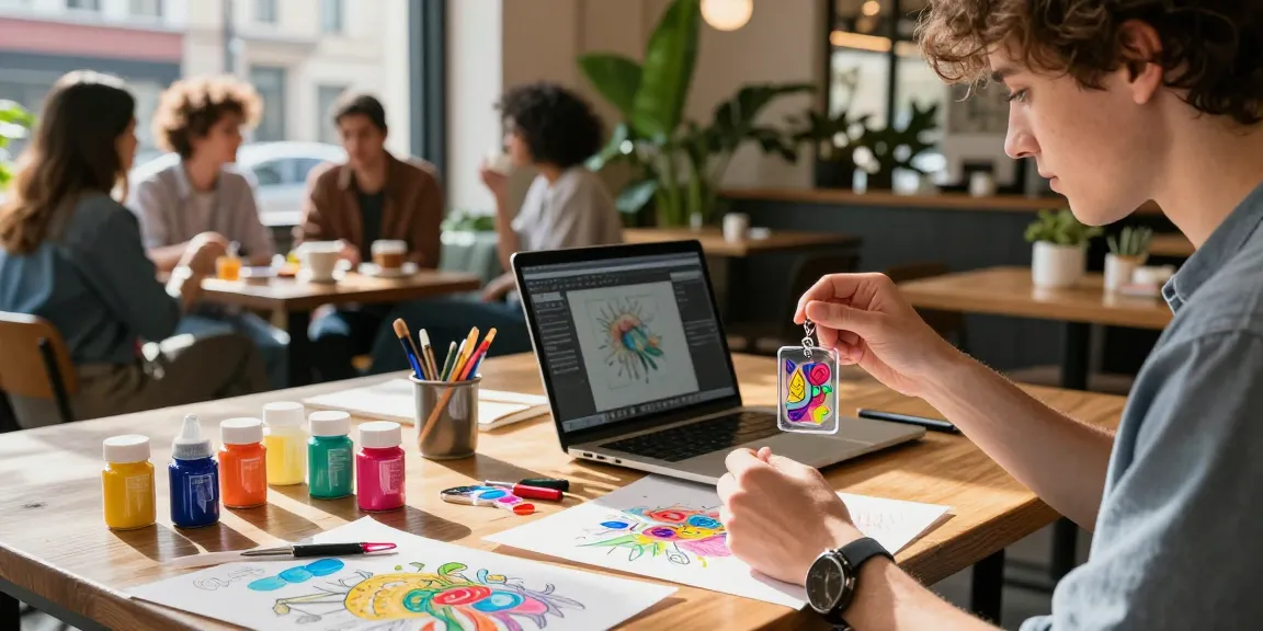 Custom acrylic keychain design in a vibrant café with art supplies and a laptop, showcasing creativity.