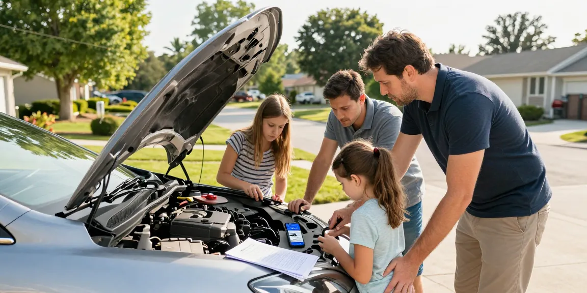Inspecting a used car's engine while referencing carfax report on smartphone, ensuring a safe purchase