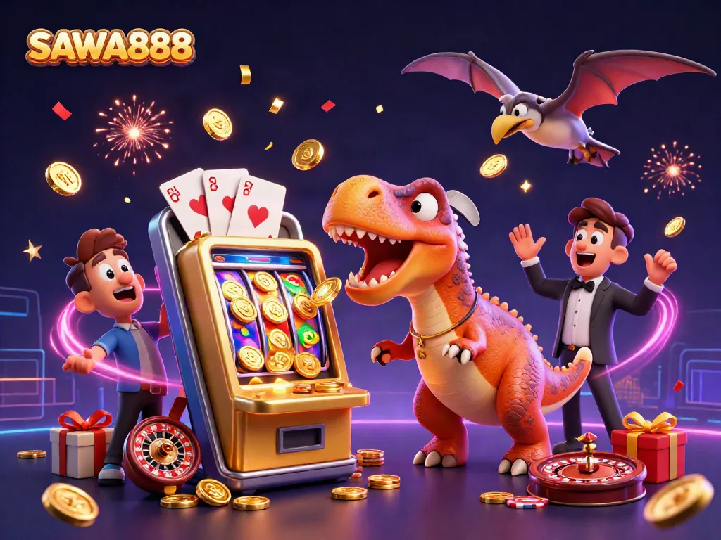 SAWA888 brings excitement with a 3D pachycephalosaurus winning jackpot coins at a slot machine.