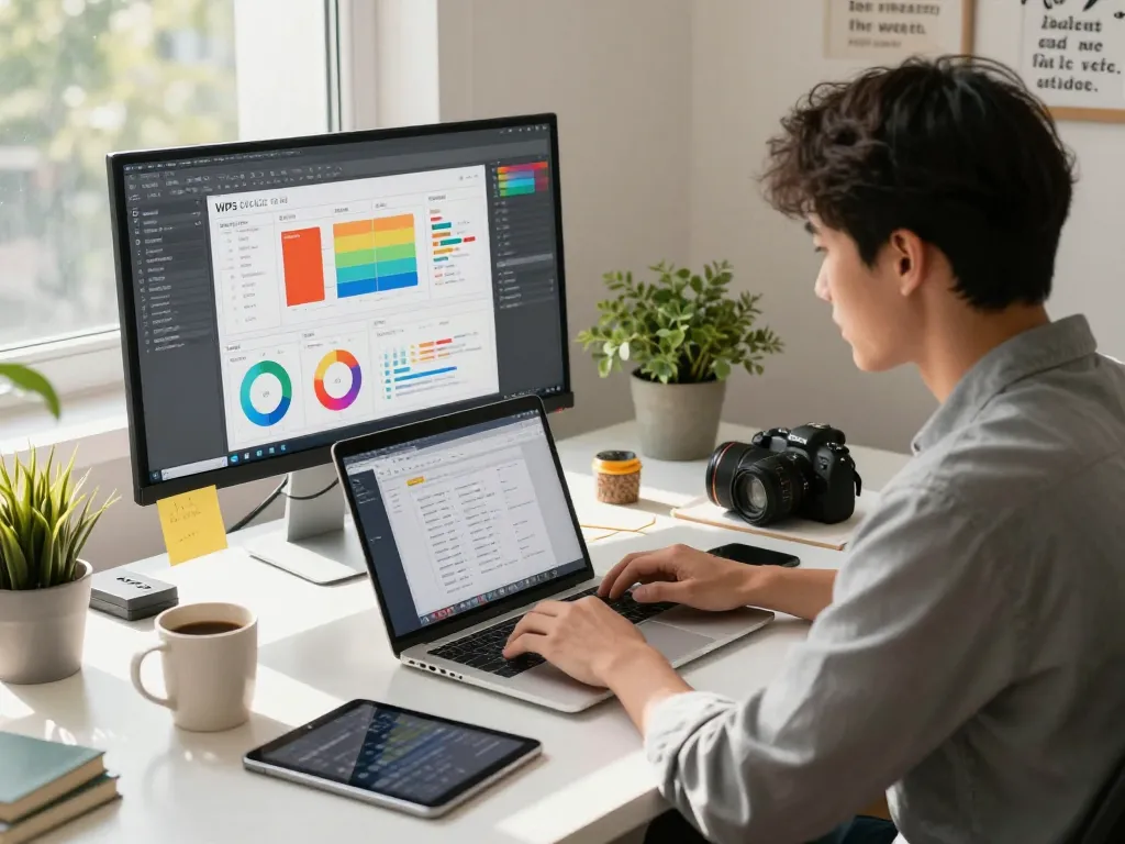 Young professional using WPS 下载 for document editing in a modern workspace filled with plants and tech.