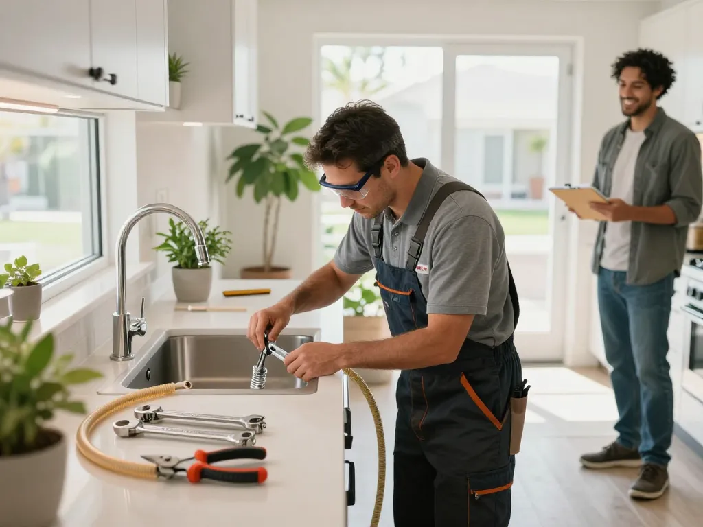 Expert plumbing in Las Vegas: Handyman repairing a kitchen sink, tools neatly arranged, bright atmosphere.