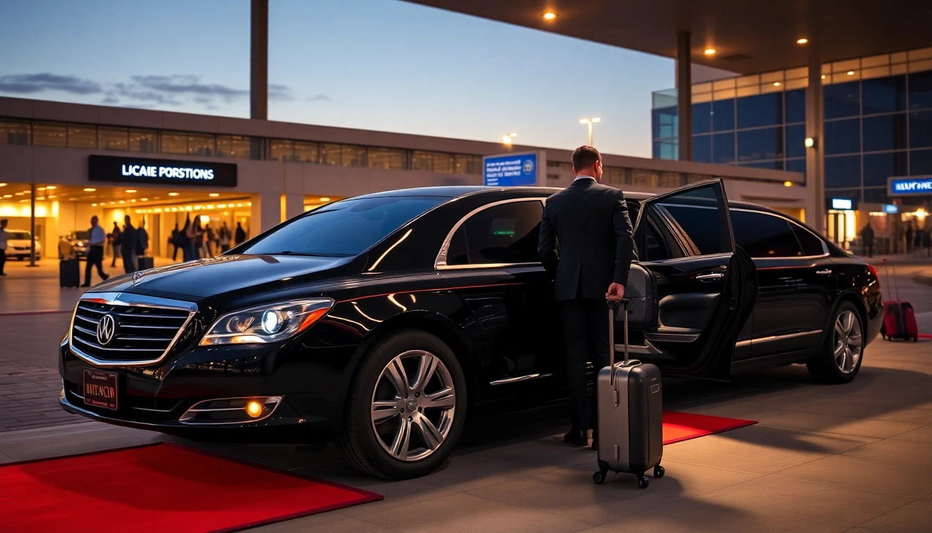 Hollywood Town Car and Limousine chauffeur assisting an executive at LAX in a sleek luxury vehicle.