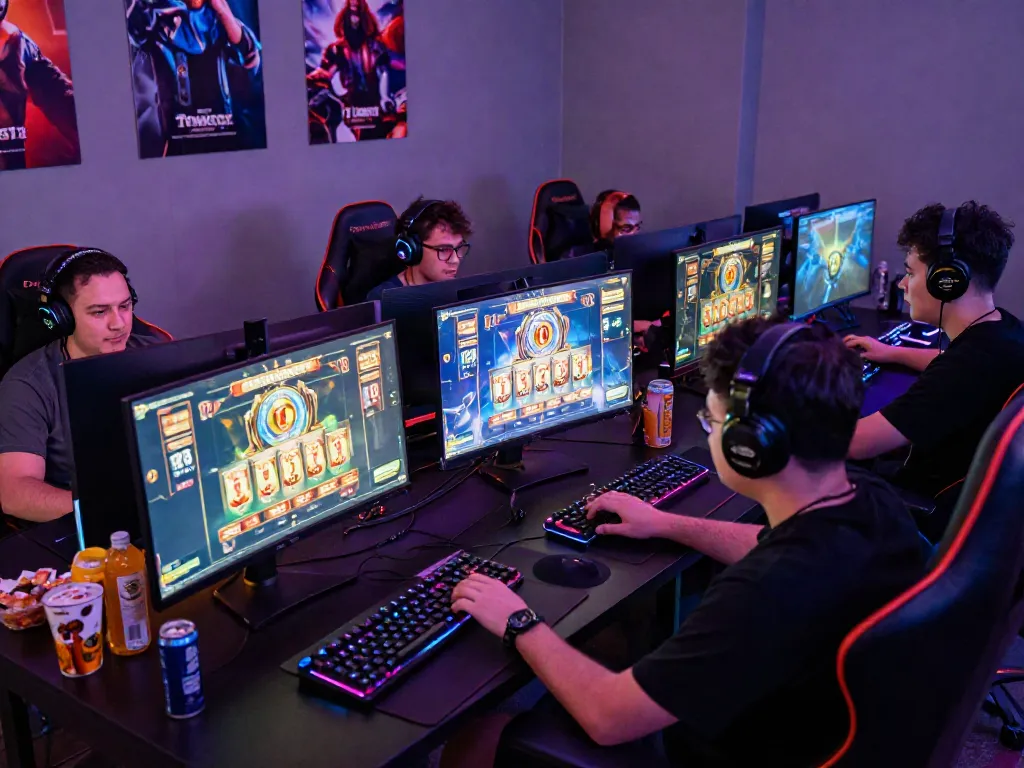 Engaged players enjoying thrilling slot gacor gameplay in a modern gaming room.
