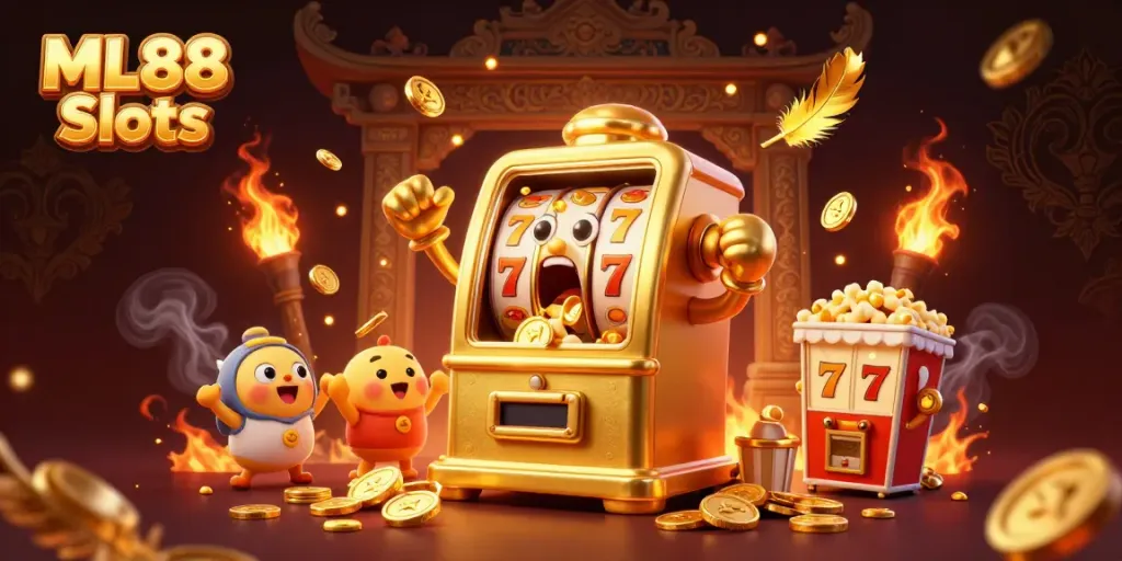 Engaging ML88 Slots scene featuring a joyous golden slot machine celebrating a jackpot with cheering companions.