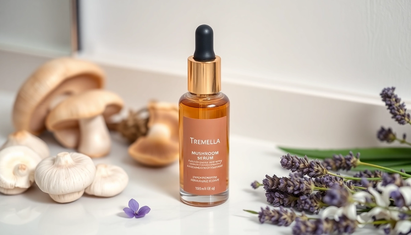 Tremella mushroom serum showcased with natural ingredients for skin hydration.