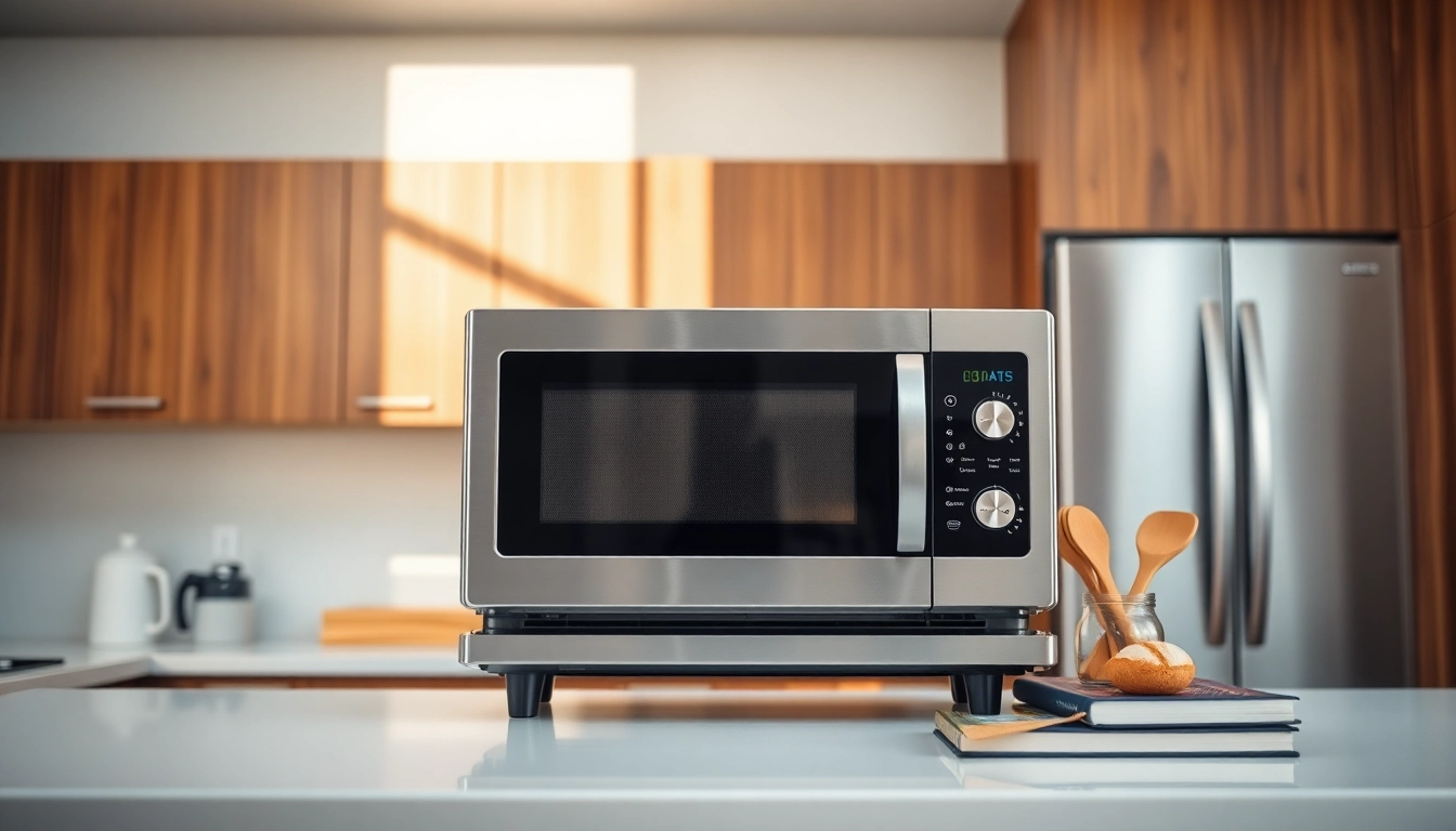 Showcase engaging microwave oven sales with a modern kitchen background highlighting a stainless steel microwave.