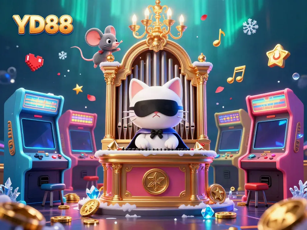 Experience the thrill of YD88 with a vibrant casino scene featuring a masked white cat and a swinging mouse.
