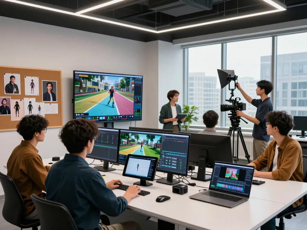Dynamic motion control AI studio scene with professionals collaborating to create innovative video content.