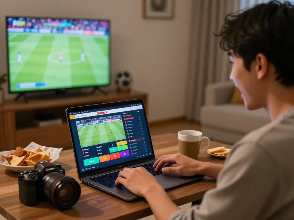 Xoilac TV sports betting excitement with a person placing bets online during live football.