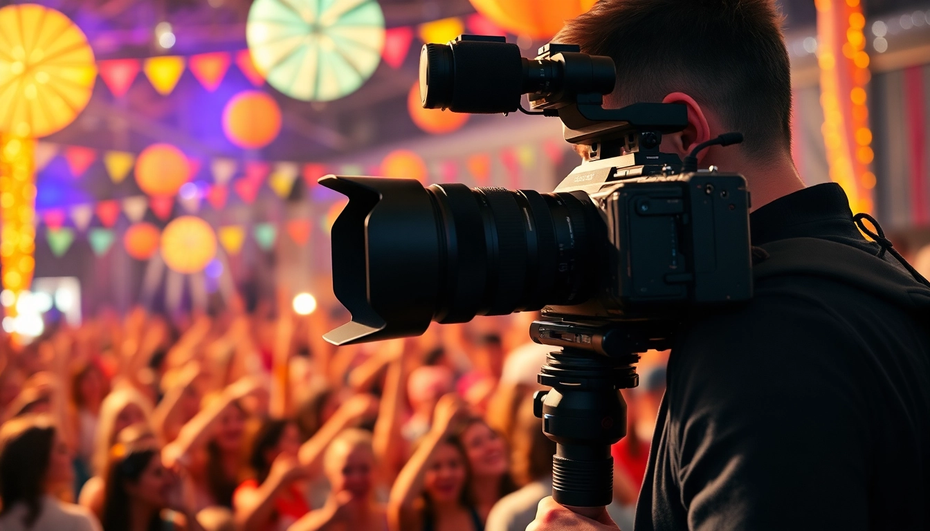 Event videography showcasing a professional capturing a vibrant celebration scene, filled with excitement and joy.