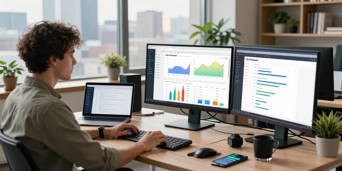 Data analyst managing resi proxies in a modern office, showcasing analytics and performance metrics.