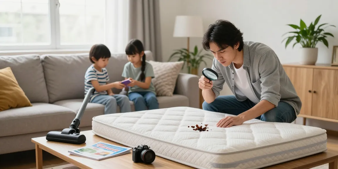 Home scene showcasing bed bug control inspection with family and cozy decor.