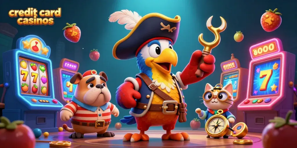 Try your luck at credit card casinos with whimsical characters and colorful slot elements.