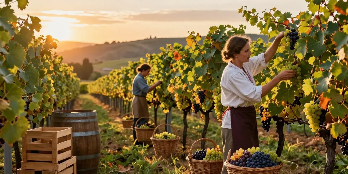 Grape harvesters working in the vineyard for LI Press during golden hour.