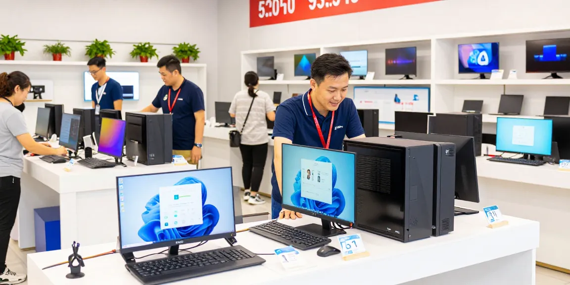 Refurbished PC shopping experience with customer assistance and vibrant displays