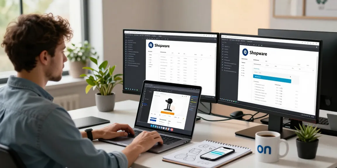 Developer coding at a modern desk showcasing Shopware Agency projects and tools in a bright workspace.