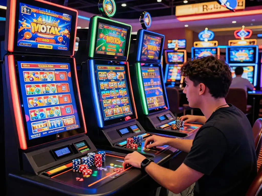 Player enjoying games at casinos that accept credit cards with vibrant slot machines and engaging environment