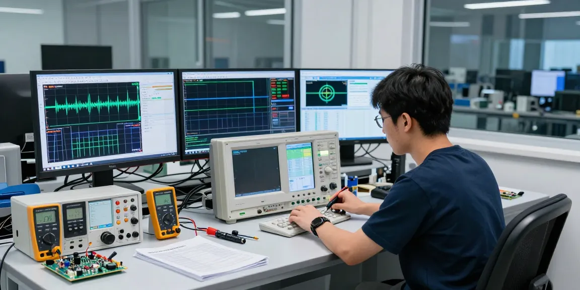 Engineer using a multi function oscilloscope in a modern electronics lab filled with test equipment.