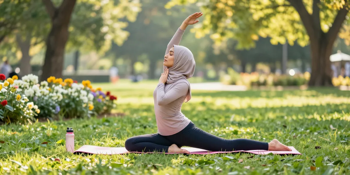 Modest activewear in a serene outdoor yoga session, showcasing wellness and fitness.