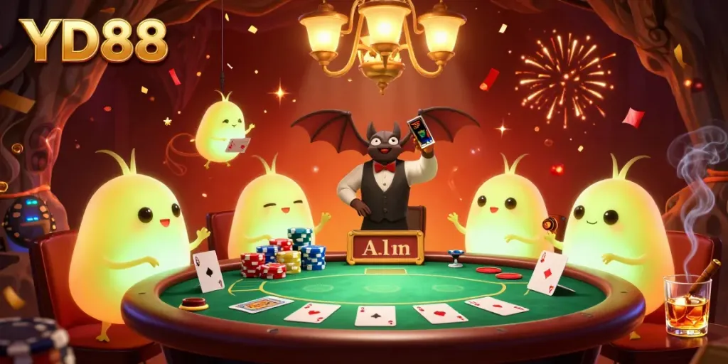Engage with YD88's vibrant cave casino illuminated by glowing creatures and a bat dealer.