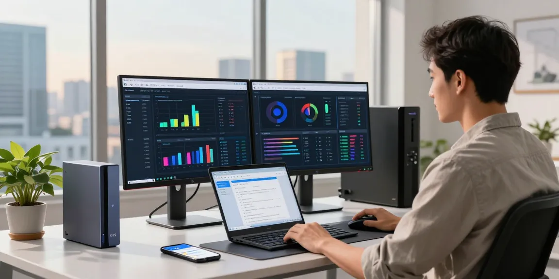 VDS sunucu management scene featuring dual monitors and modern tech setup with a casual system administrator efficiently managing servers.