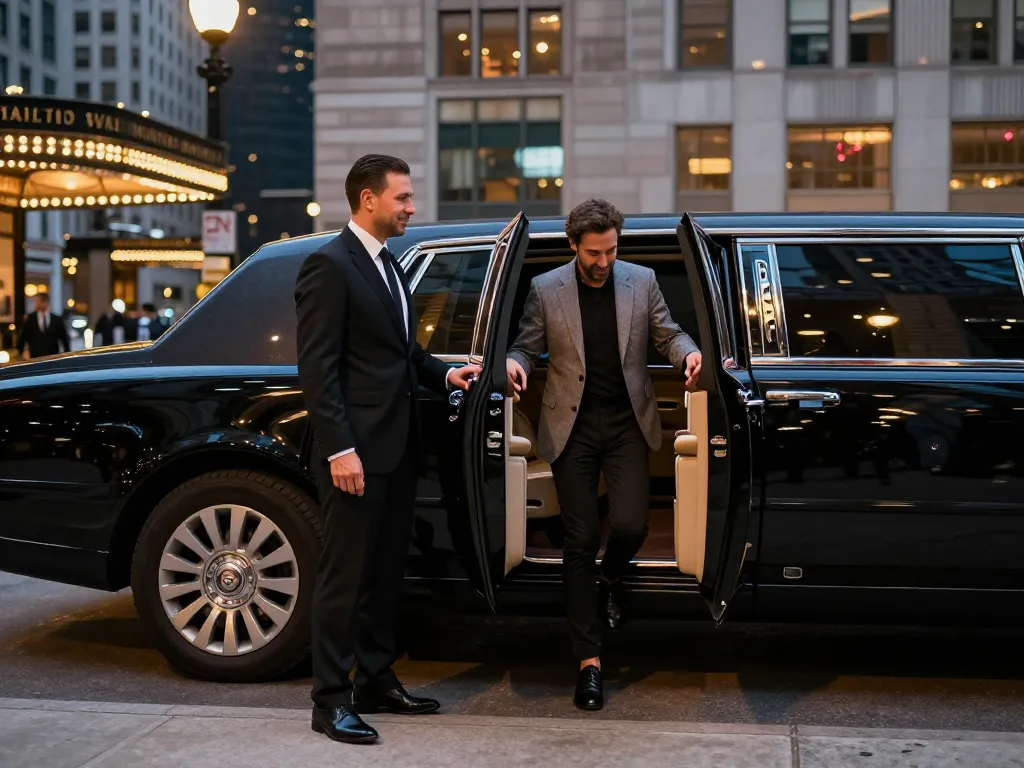 Plainfield limo service with a professional chauffeur welcoming clients outside a luxury hotel in Chicago.