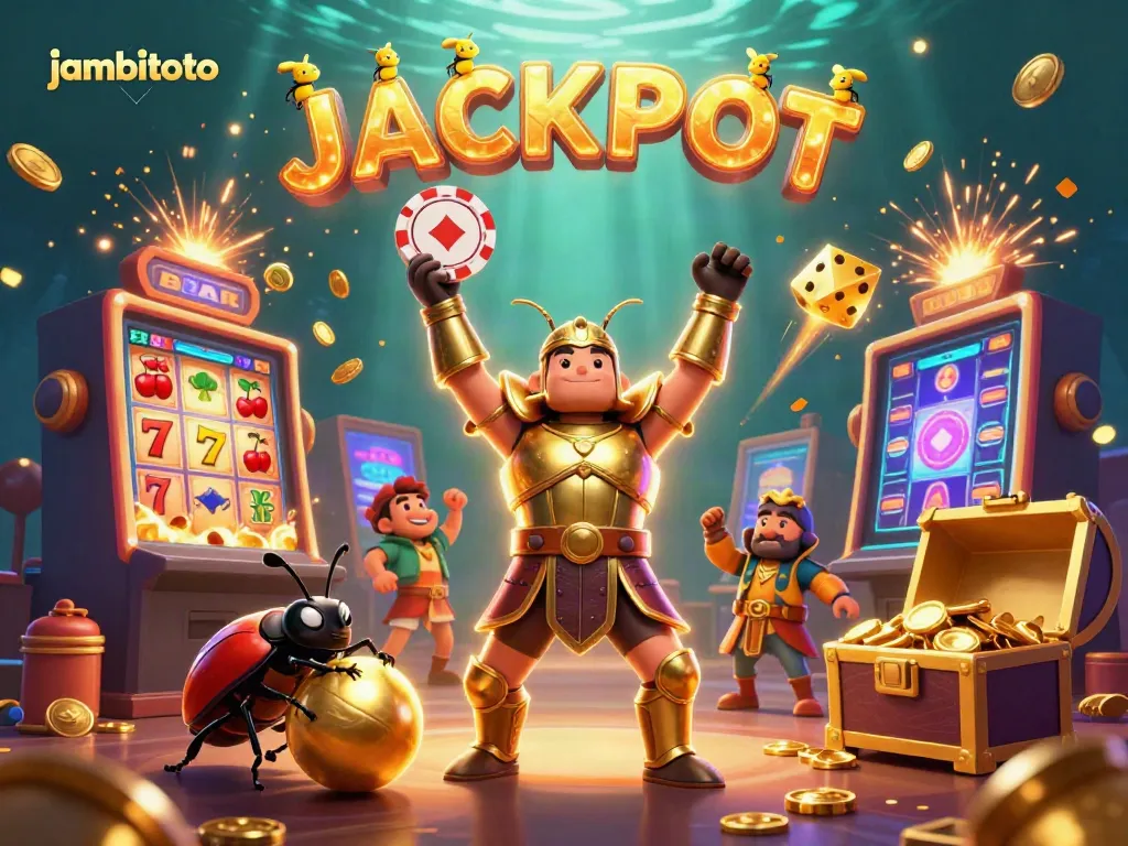Celebrate a JACKPOT moment at JambiToto with a victorious beetle, vibrant casino elements, and dynamic action.