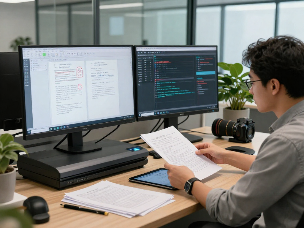Document fraud detection analyst reviewing digital signatures and validation reports in a modern workspace.