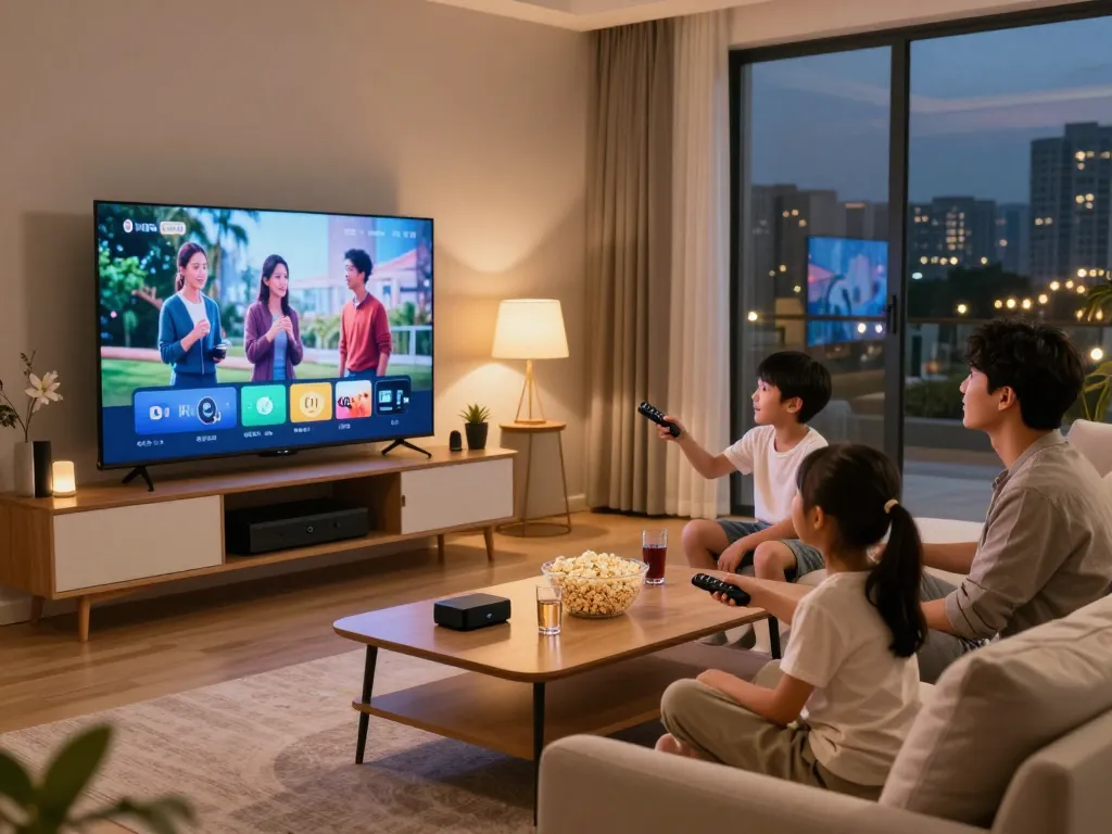Family enjoying IPTV kaufen for movie night in cozy living room with high-definition content streaming.