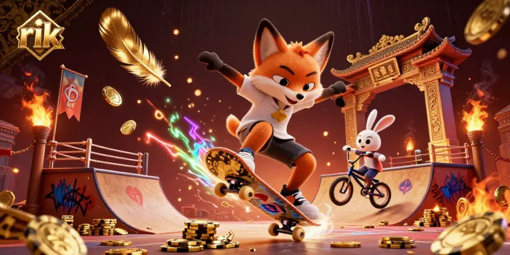 Experience thrilling tricks with rik in this vibrant 3D casino scene featuring a skateboarder fox and BMX rabbit.