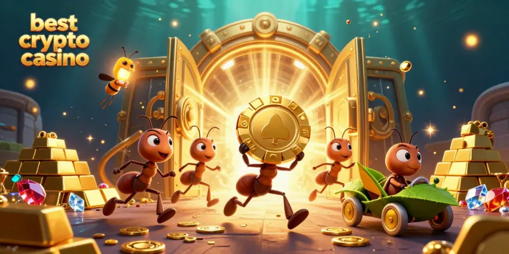 Experience the excitement of the best crypto casino with a heist-themed 3D gambling illustration.