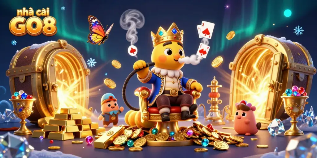 nhà cái GO8 features a vibrant 3D illustration of a hookah-master caterpillar symbolizing online betting excitement with glowing elements.