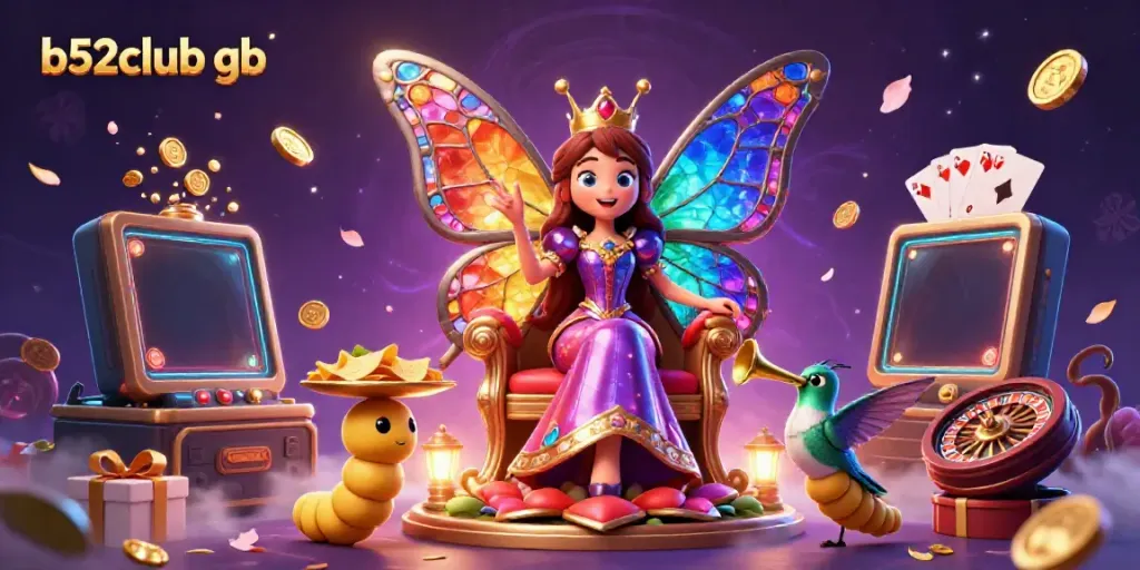 Gamblers enjoy the excitement at b52club gb as the butterfly queen presides over a vibrant casino scene.