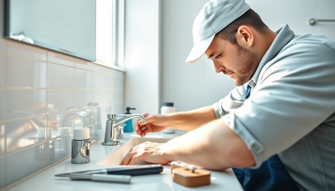 Find a reliable plumber near me fixing a sink in a bright, modern bathroom.