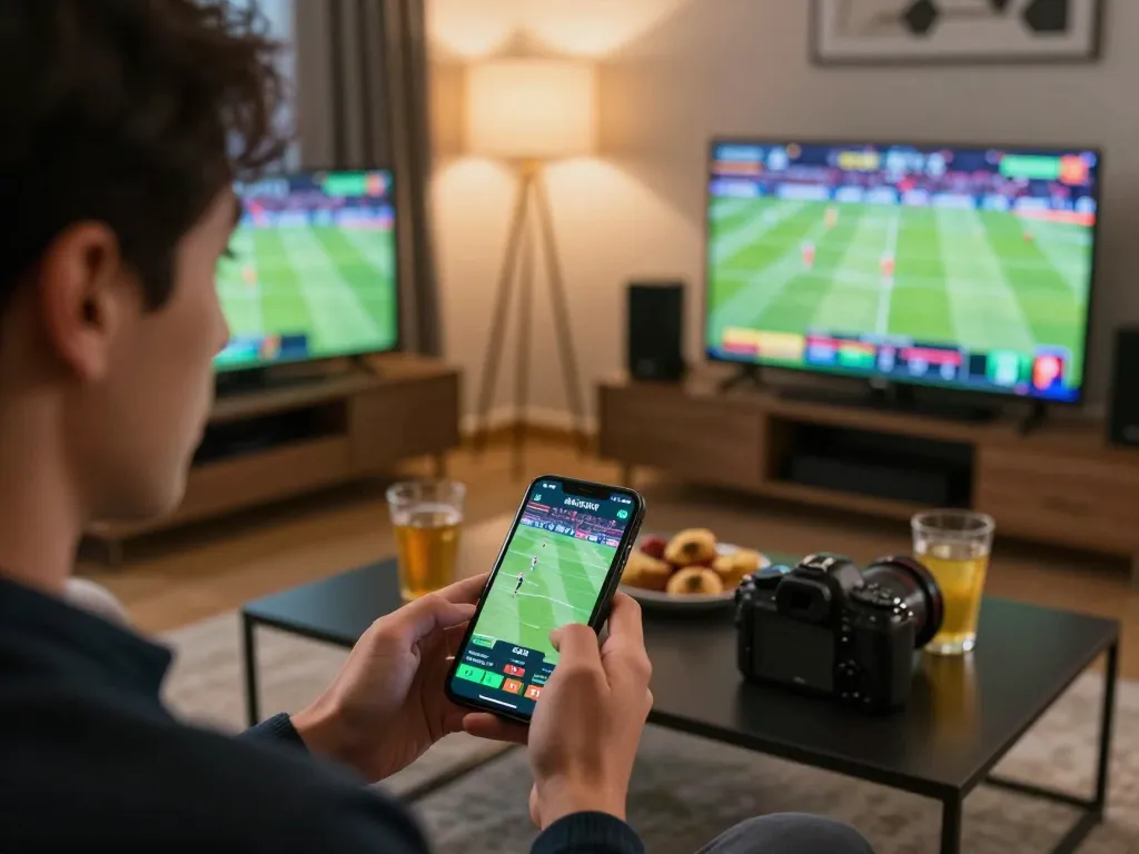 Engaged bettor using smartphone app for live sports odds at ko66 while enjoying the match