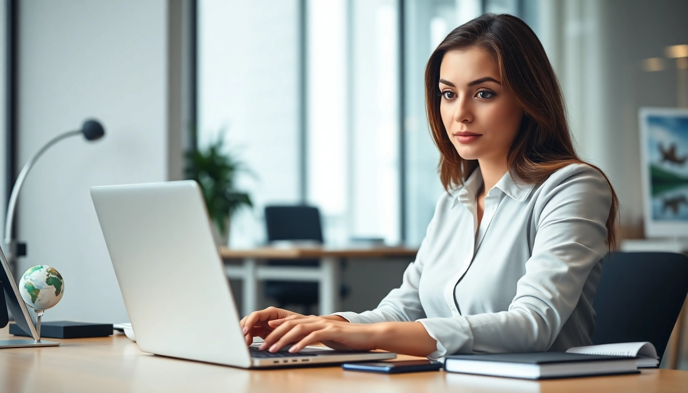 Efficient businesswoman processing the uk eta online application documents in a modern office.