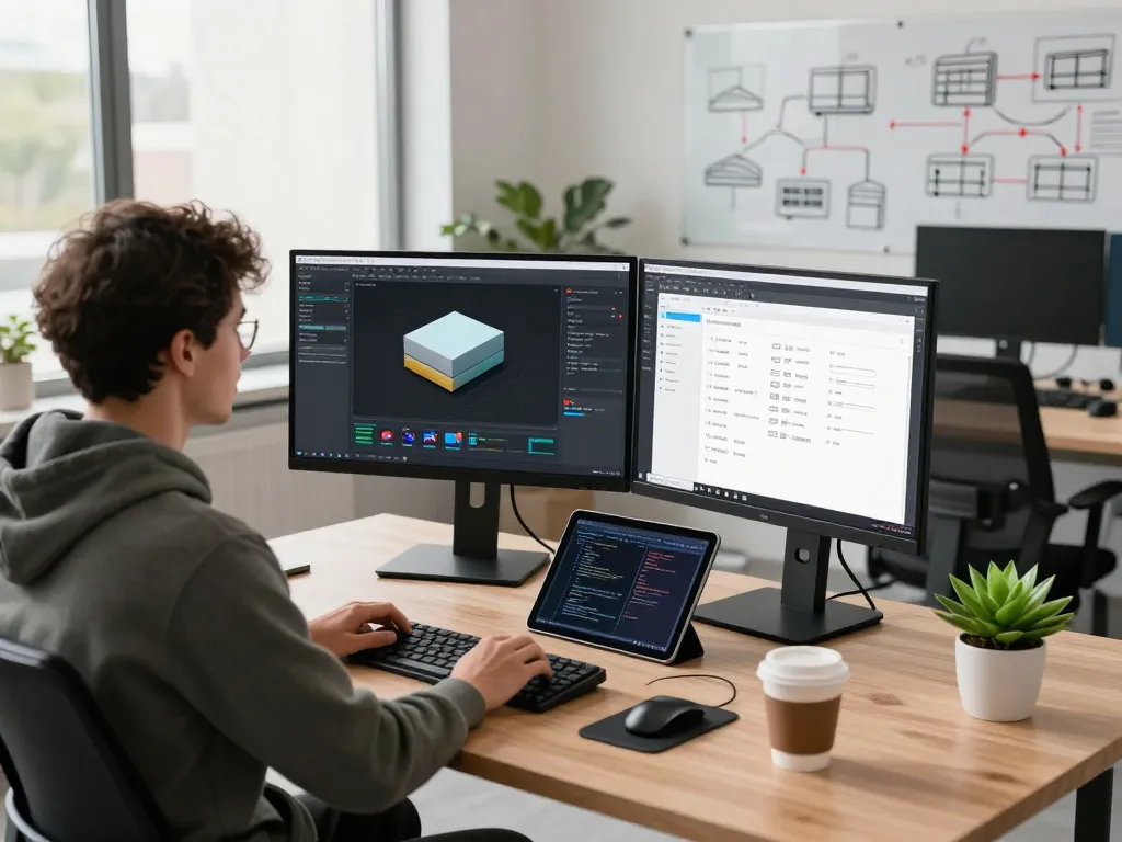 Developer using 3D product configurator software in a modern workspace.
