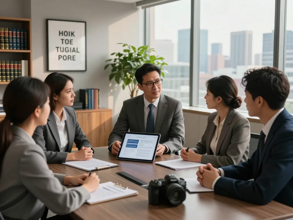 Corporate lawyer Aurora Ontario consulting with clients in modern office setting, showcasing professionalism and expertise.