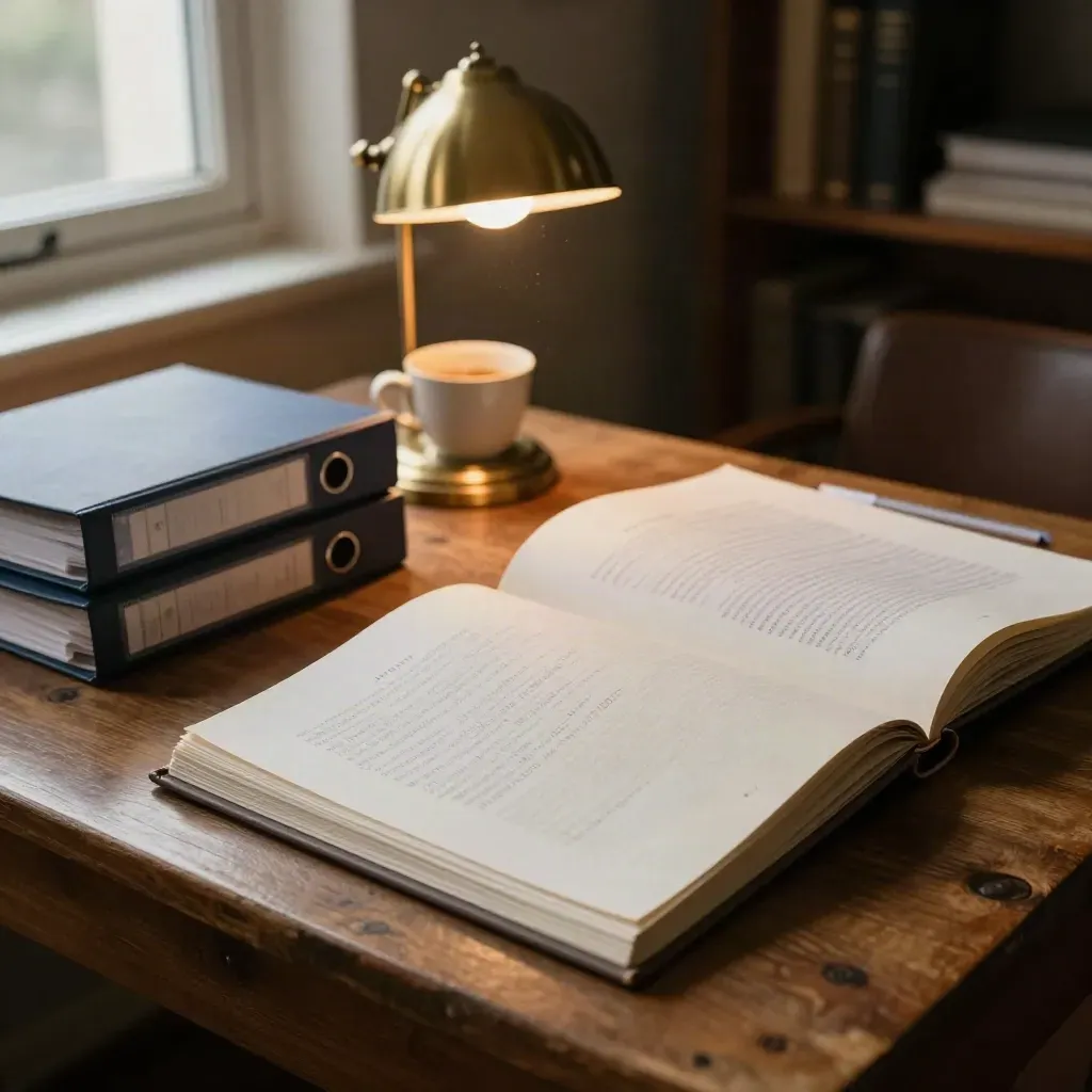 Policy editor table with binders, brass lamp, file and cup in warm afternoon light.