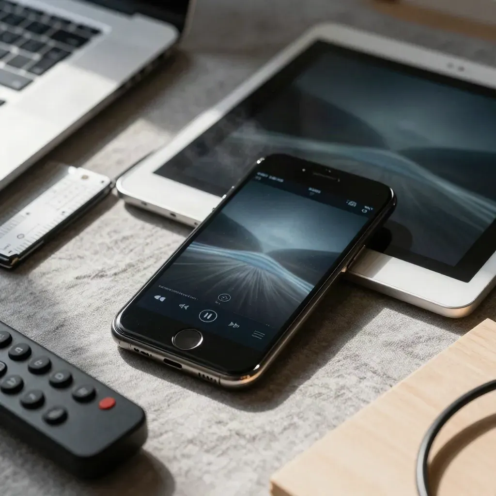 Paused phone video, tablet, laptop edge, remote and cable in a review bay