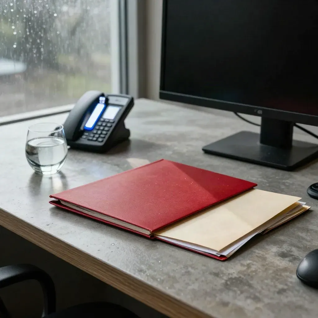Newsroom verification console with red folder, phone, source packets and paperweight in moody light